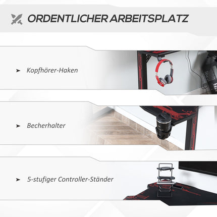 Game table with headphone hook, cup holder and mouse pad