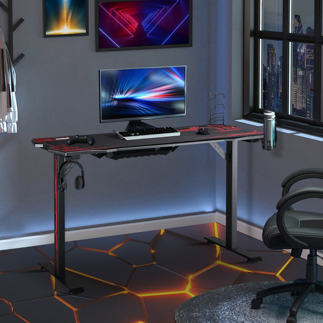 Game table with headphone hook, cup holder and mouse pad