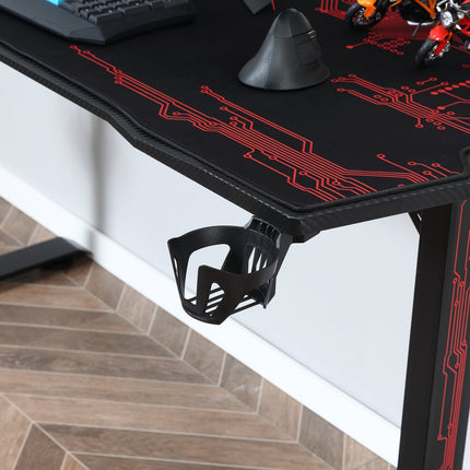 Game table with headphone hook, cup holder and mouse pad