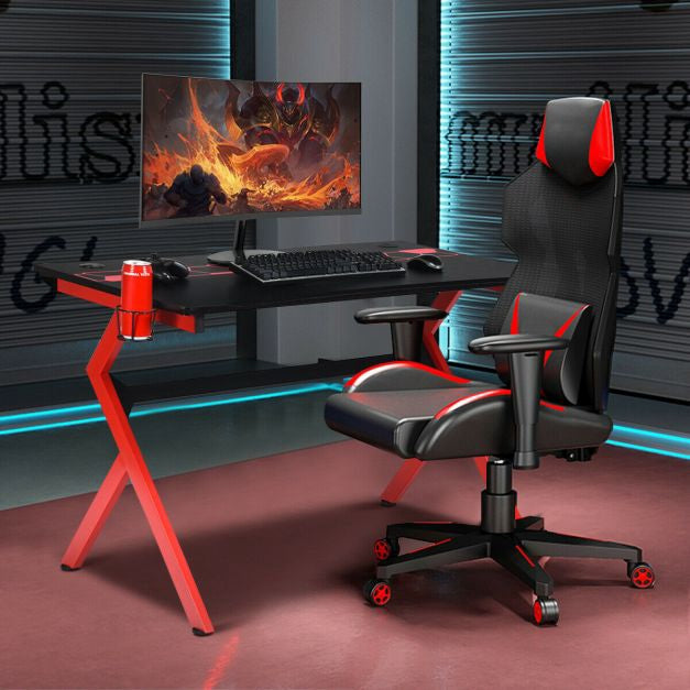 Gaming Desk, R-Shaped, Headphone Hook, Cup Holder, 115cm