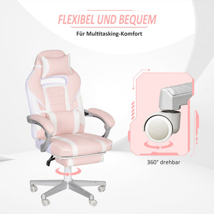 Pink gaming chair with footrest and adjustable cushions