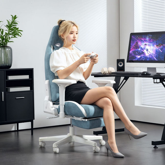 Blue Ergonomic gaming chair, reclining with footrest and cushions