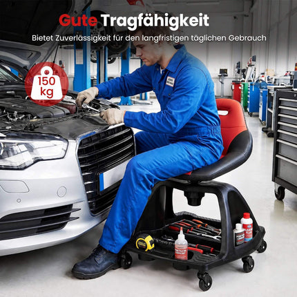 Garage Mechanic Stool Seat, 330 LBS, Red, Tool Tray