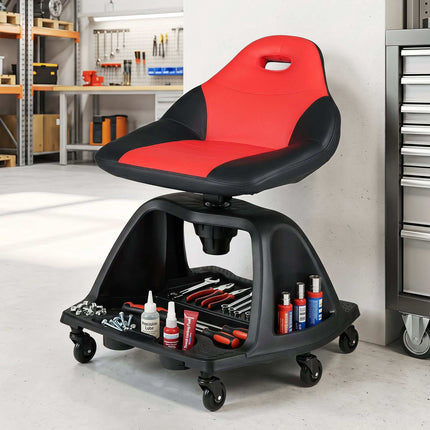 Garage Mechanic Stool Seat, 330 LBS, Red, Tool Tray