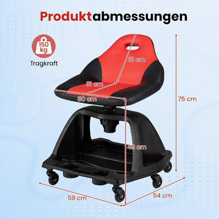 Garage Mechanic Stool Seat, 330 LBS, Red, Tool Tray