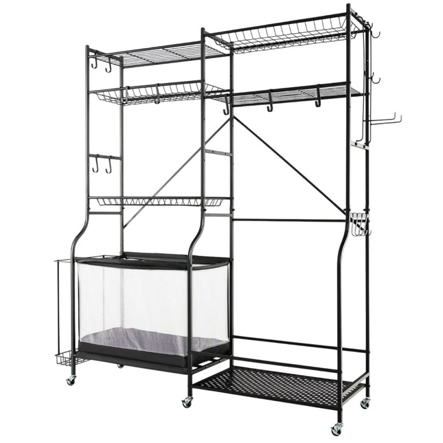 Garage Organizer for Sports Equipment with 5 Adjustable Shelves & Ball Basket & Side Hooks Black