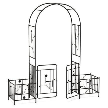 Garden Arbor Trellis with Lockable Gate, Side Planters, Black Metal