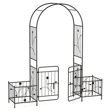 Garden Arbor Trellis with Lockable Gate, Side Planters, Black Metal