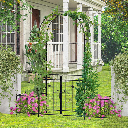 Garden Arbor Trellis with Lockable Gate, Side Planters, Black Metal