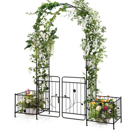 Garden Arbor Trellis with Lockable Gate, Side Planters, Black Metal