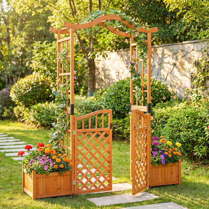 Garden Arbor With Gate, 2 Planter Boxes, Fir Wood