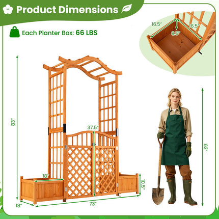 Garden Arbor With Gate, 2 Planter Boxes, Fir Wood