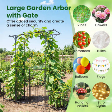 Garden Arbor with Gate, Planter Boxes & Trellis - Black Metal
