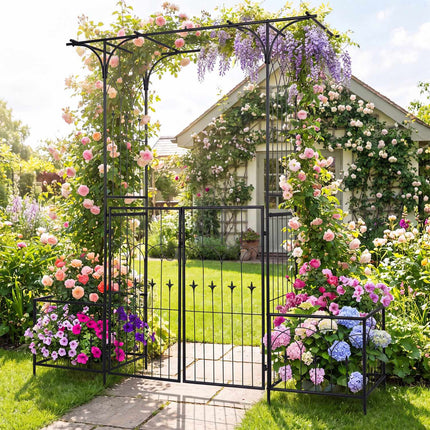 Garden Arbor with Gate, Planter Boxes & Trellis - Black Metal