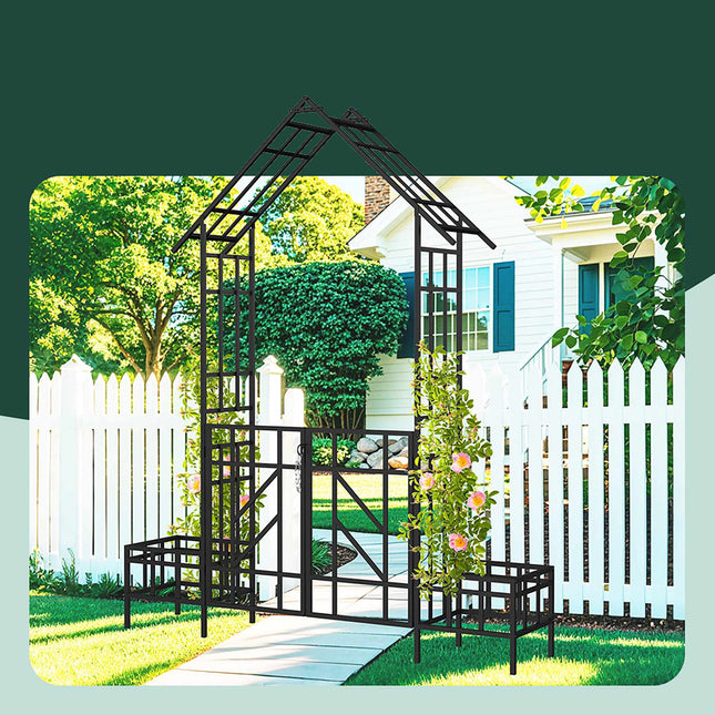 Garden Arch With Gate and Planters, House-Shaped
