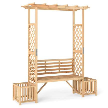 Garden Arch with Bench & 2 Planters – Natural Wood, 2-Seater
