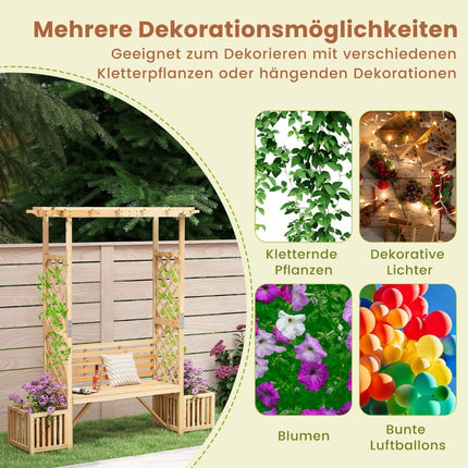 Garden Arch with Bench & 2 Planters – Natural Wood, 2-Seater