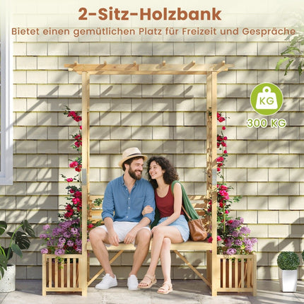 Garden Arch with Bench & 2 Planters – Natural Wood, 2-Seater