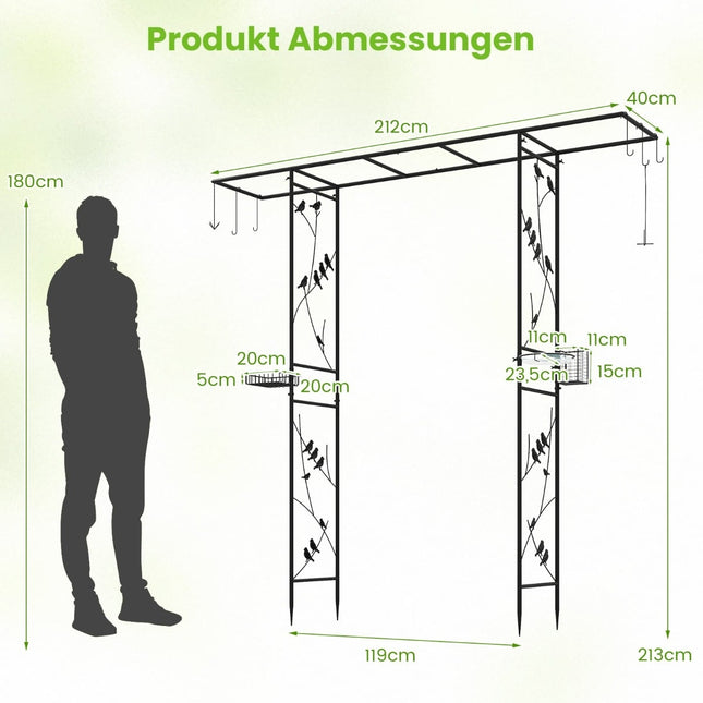 Garden Arch with Bird Feeder and Water Bowl, Black, 213 cm