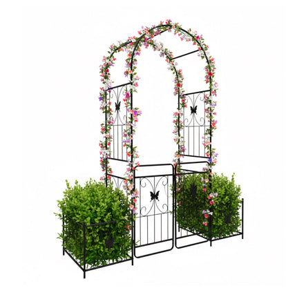 Garden Arch with Gate and Planters, Metal Trellis