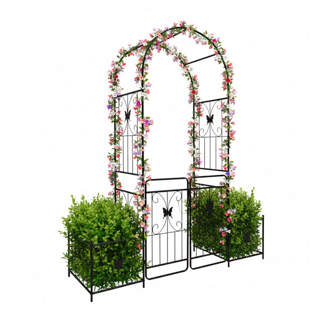 Garden Arch with Gate and Planters, Metal Trellis