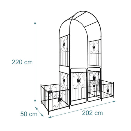 Garden Arch with Gate and Planters, Metal Trellis