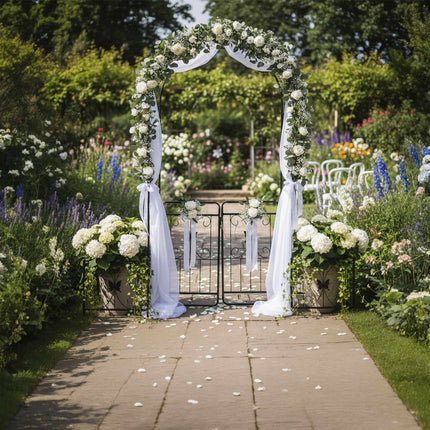 Garden Arch with Gate and Planters, Metal Trellis