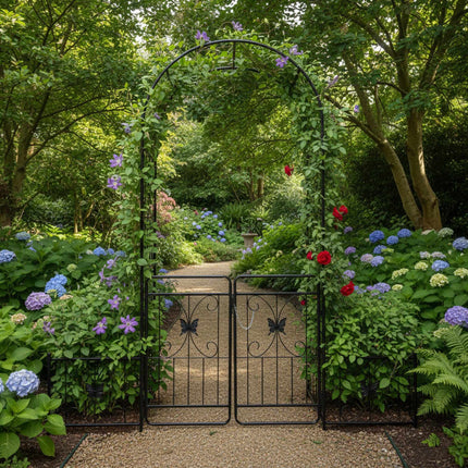 Garden Arch with Gate and Planters, Metal Trellis