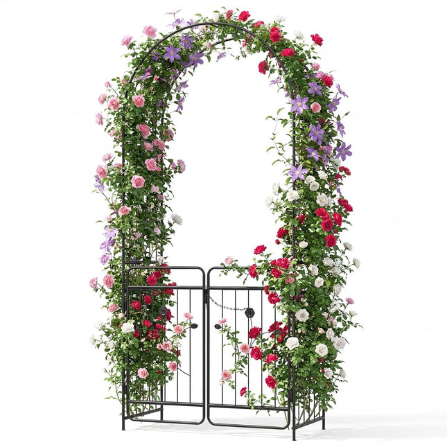 Garden Arch with Lockable Gate, Metal Trellis, Black