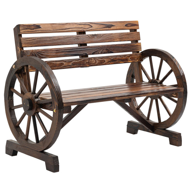 2-seater wooden garden bench with wagon wheel design