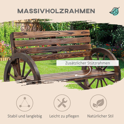 2-seater wooden garden bench with wagon wheel design
