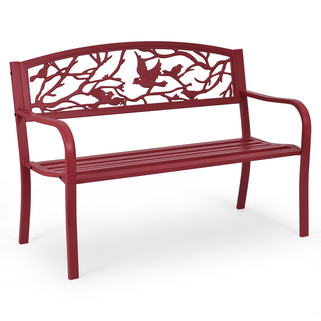 Garden Bench, Cast Iron Steel, 2-3 Seater, Red
