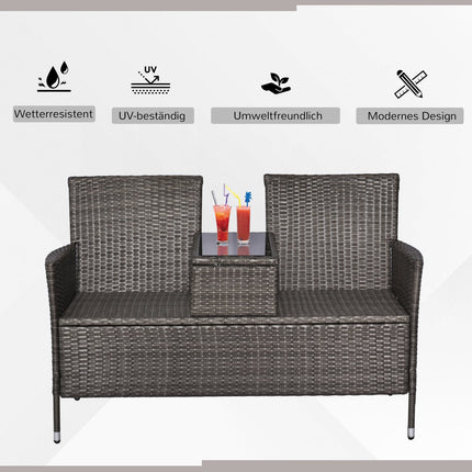 Garden bench in poly rattan, 2-seater with table, grey