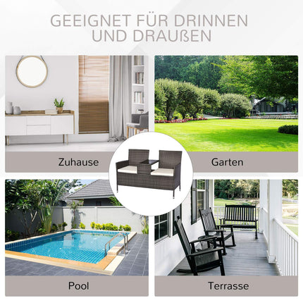 Garden bench in poly rattan, 2-seater with table, grey