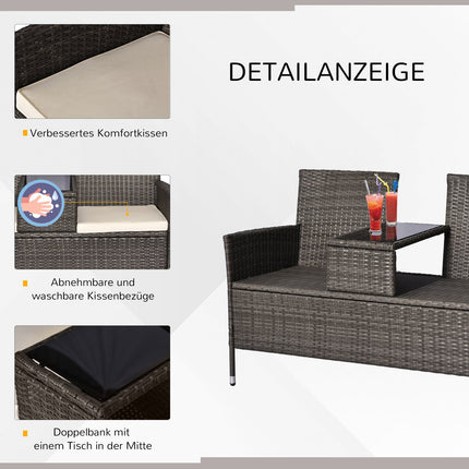 Garden bench in poly rattan, 2-seater with table, grey