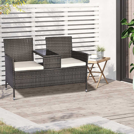 Garden bench in poly rattan, 2-seater with table, grey