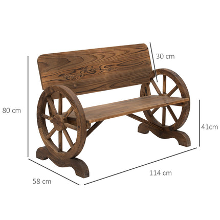 Rustic garden bench in solid wood, wagon wheels & armrests