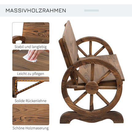 Rustic garden bench in solid wood, wagon wheels & armrests