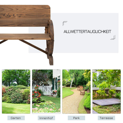 Rustic garden bench in solid wood, wagon wheels & armrests