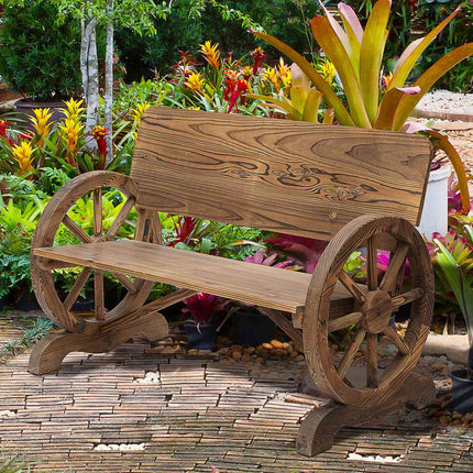 Rustic garden bench in solid wood, wagon wheels & armrests