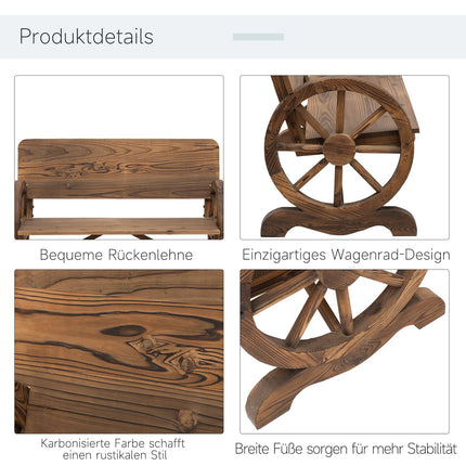Rustic garden bench in solid wood, wagon wheels & armrests