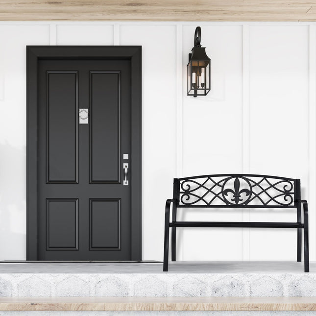Garden Bench with Fleur de Lis Backrest, Black Metal