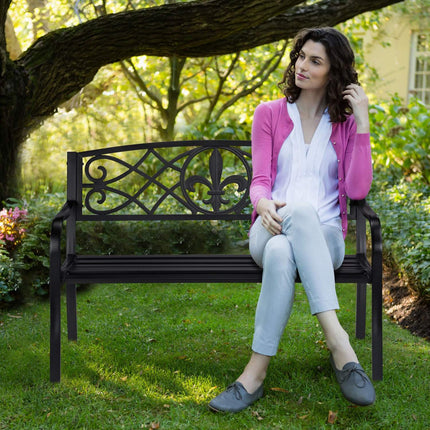 Garden Bench with Fleur de Lis Backrest, Black Metal