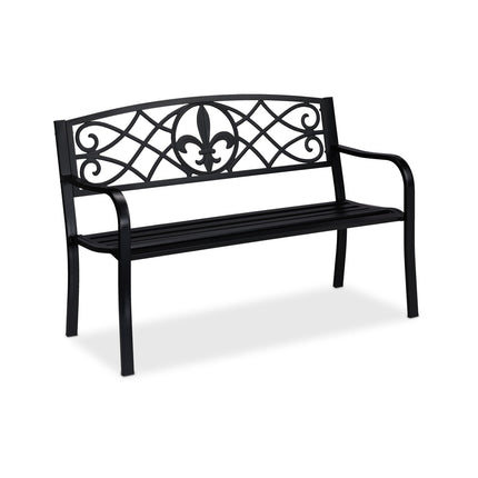 Garden Bench with Fleur de Lis Backrest, Black Metal