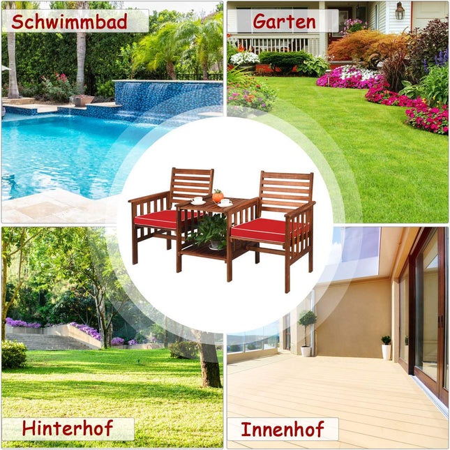 Garden Bench with Table, 2-Seater Wood, Cushion & Umbrella Hole