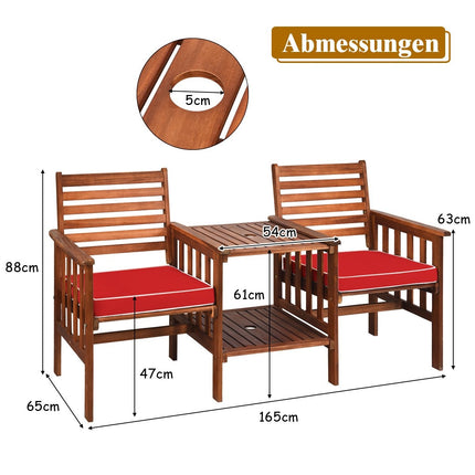 Garden Bench with Table, 2-Seater Wood, Cushion & Umbrella Hole