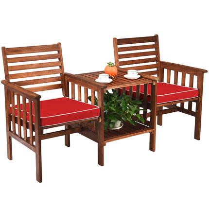 Garden Bench with Table, 2-Seater Wood, Cushion & Umbrella Hole