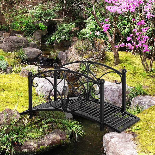 Garden Bridge with Safety Railings, Metal, Black, 102x48x49 cm