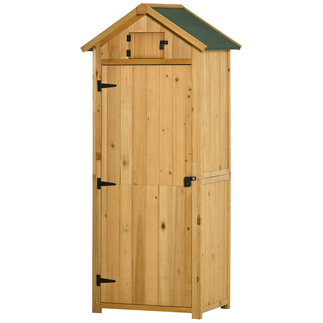 Wooden garden tool shed with shelves, asphalt roof, window