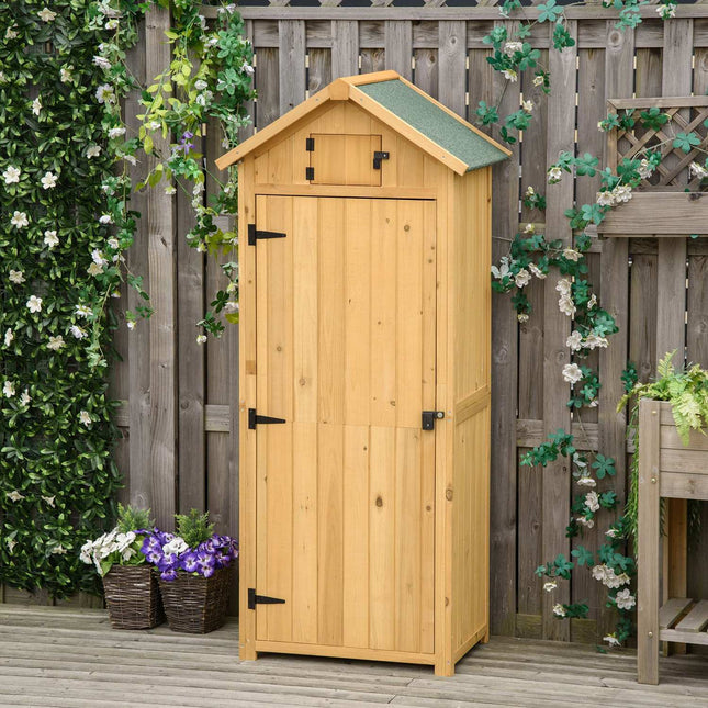 Wooden garden tool shed with shelves, asphalt roof, window